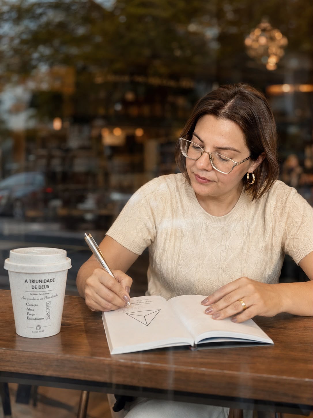 Paula Cristina escrevendo em um café