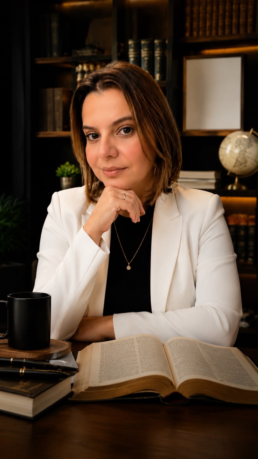 Paula Cristina em seu escritório, com a Bíblia aberta